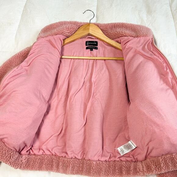 Carbon38 Pink Teddy Fleece Zip Oversized Jacket XS Cozy Sherpa Cropped High Neck - Picture 7 of 8